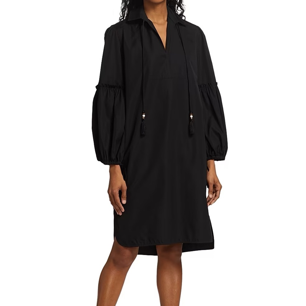 Max Mara Fedora Cotton Poplin Shirt Dress Black Tassel Tie Sleeve Size 12